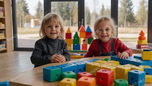 Toddlers Building with Colorful Blocks