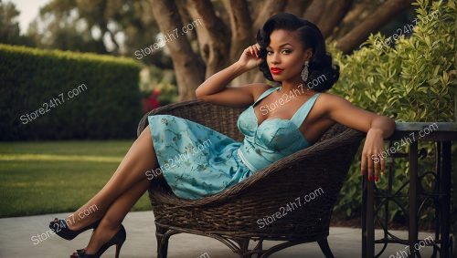 Elegant Pin-Up Lady Relaxes in Home Garden