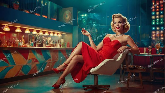 Red Dress Pin-Up Girl Reigns in Bar