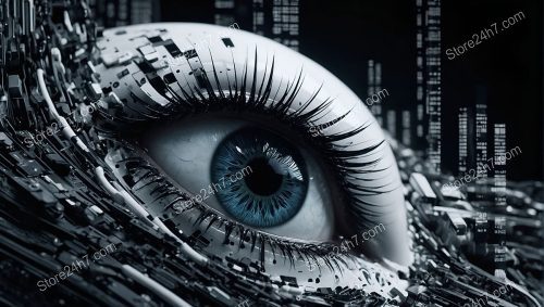 Cybernetic Eye Amidst Digital Shards