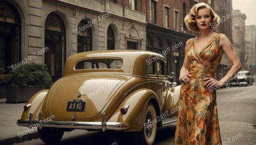 Classic Elegance: 1940s Pin-Up with Car