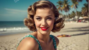 Turquoise Swimsuit Pin-Up Beach Gaze