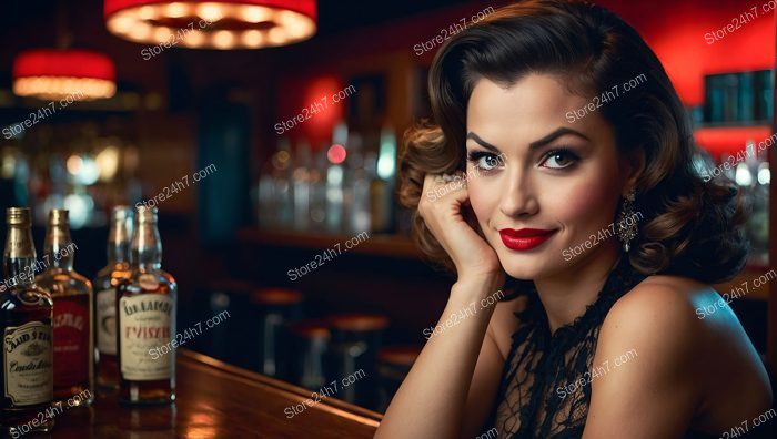 Captivating Pin-Up Girl Smiles at Bar