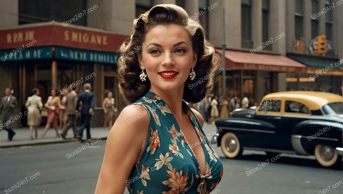 Classic 1950s Pin-Up in Cityscape