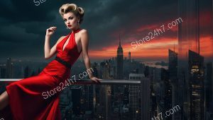 Scarlet Dress Above New York Sunset