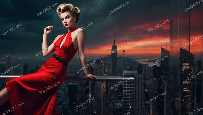 Scarlet Dress Above New York Sunset