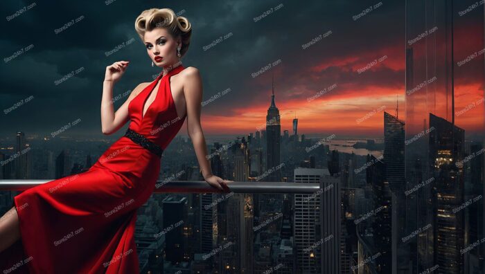 Scarlet Dress Above New York Sunset