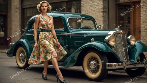 Thirties Pin-Up Model with Classic Car