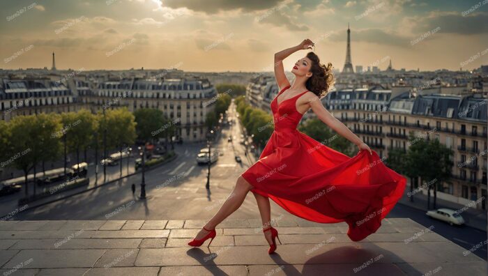 Scarlet Elegance: Parisian Pin-Up's Rooftop Dance