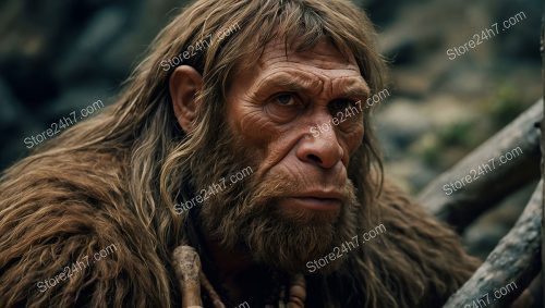 Neanderthal's Intense Gaze in Wilderness