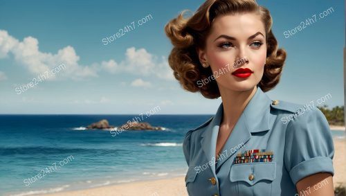 Classic Army Pin-Up: Ocean Backdrop Elegance