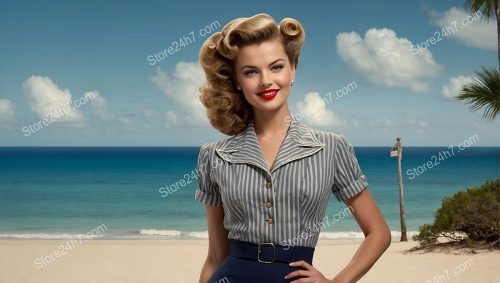 1940s Striped Dress Beach Pin-Up