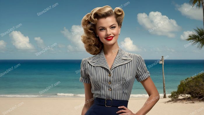 1940s Striped Dress Beach Pin-Up