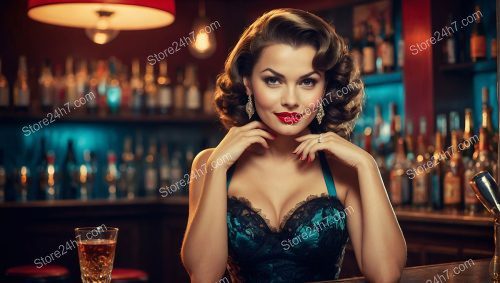 Radiant Pin-Up Girl Flirting at Vintage Bar