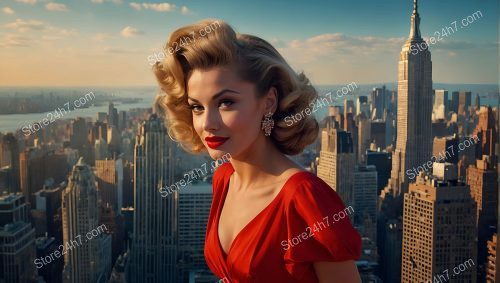 Scarlet Glamour: Skyline Backdrop with Pin-Up