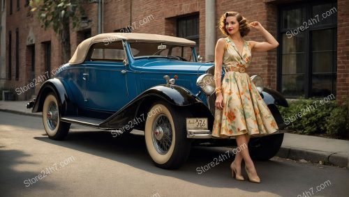 Forties Floral Dress Pin-Up with Car