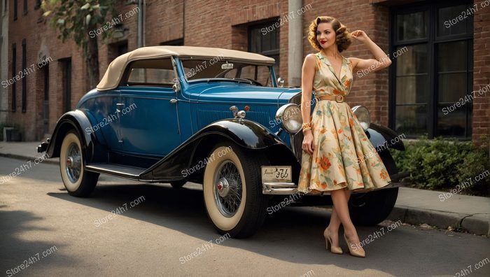 Forties Floral Dress Pin-Up with Car