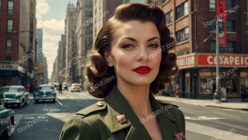 1940s Pin-Up Model in Military Dress