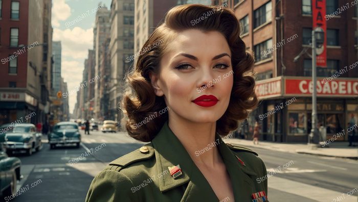 1940s Pin-Up Model in Military Dress