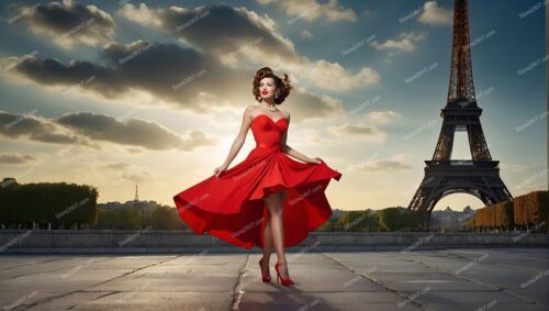 Radiant Red Pin-Up Dance at Eiffel Sunrise