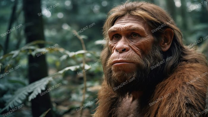 Neanderthal's Reflective Moment in Forest