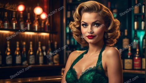 Lace-Adorned Pin-Up Girl in Cozy Bar