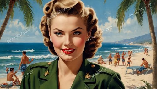 Palm-Adorned Vintage Army Pin-Up Pose