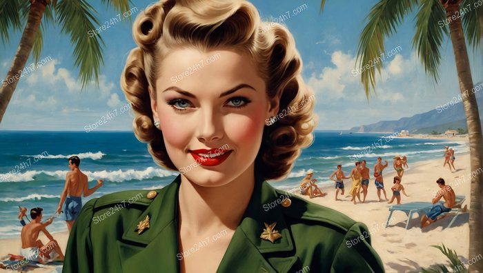 Palm-Adorned Vintage Army Pin-Up Pose