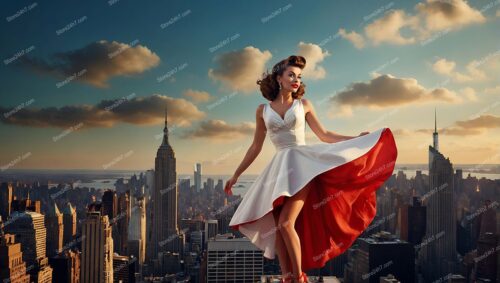 Retro Pin-Up Beauty Against City Skyline