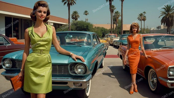 Sixties Pin-Up Style Models with Vintage Cars