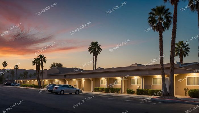 Roadside Motel Twilight Palm Silhouette