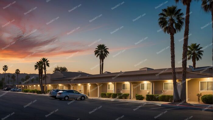 Roadside Motel Twilight Palm Silhouette