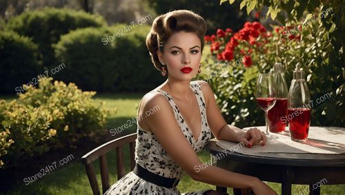 Classic Pin-Up Lady with Wine in Garden