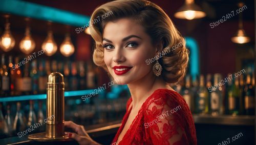 Elegant Red Dress Pin-Up Bar Scene