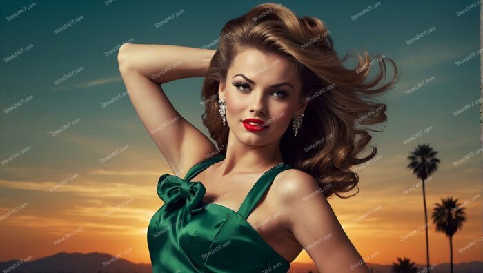 Sunset Glamour: Emerald Dress Pin-Up Beauty