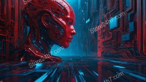 Crimson Cyborg Reflection Digital Dreamscape