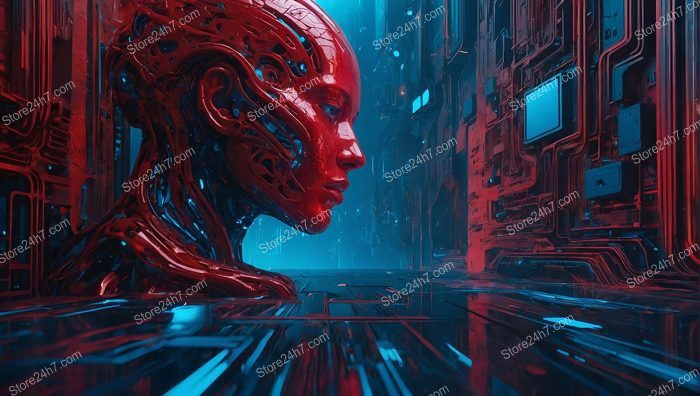 Crimson Cyborg Reflection Digital Dreamscape