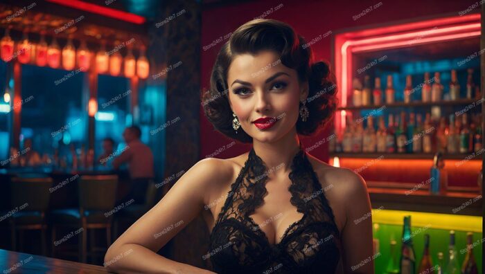 Sultry Pin-Up Girl Leans in Neon-Lit Bar