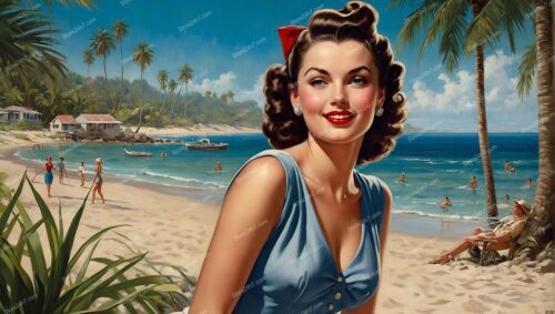 Tropical Beach Pin-Up Beauty in Blue