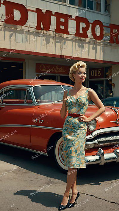 Classic Pin-Up Car Pose with Elegance