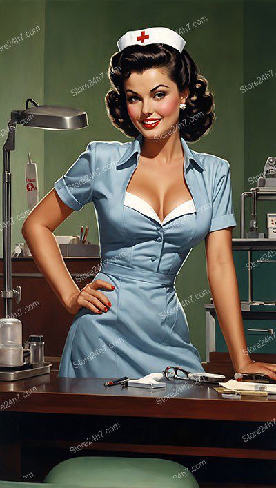Retro Pin-Up Nurse in Blue Uniform