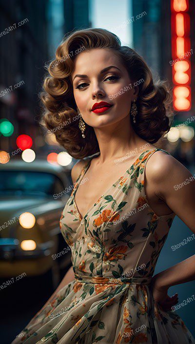 Evening Glow: Floral Dress Pin-Up City Lights