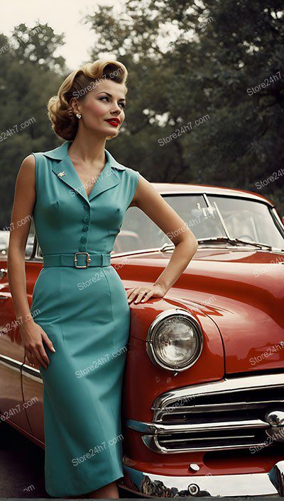 Teal Dress and Vintage Red Pin-Up Car