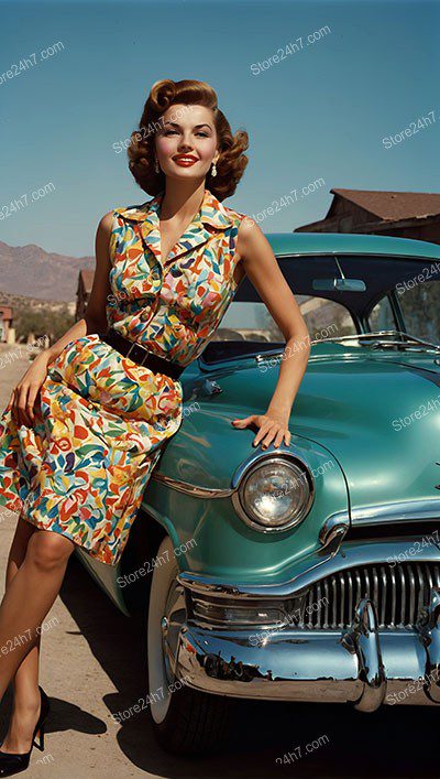 Classic Pin-Up Car Pose with Style