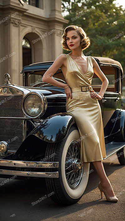 Elegant 1930s Pin-Up Car Model Pose