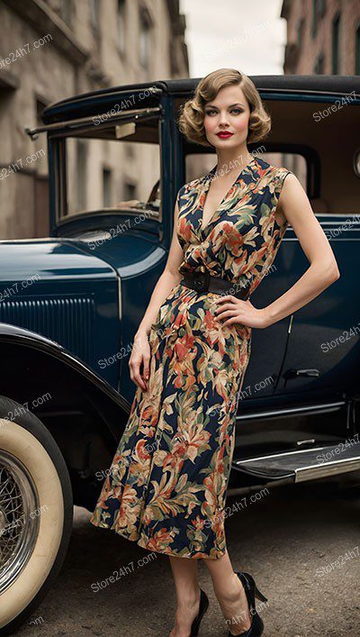 Classic Floral Dress and Vintage Car Charm