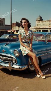 Vintage Pin-Up Car Scene with Elegant Lady