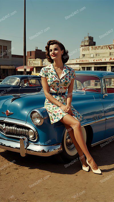 Vintage Pin-Up Car Scene with Elegant Lady