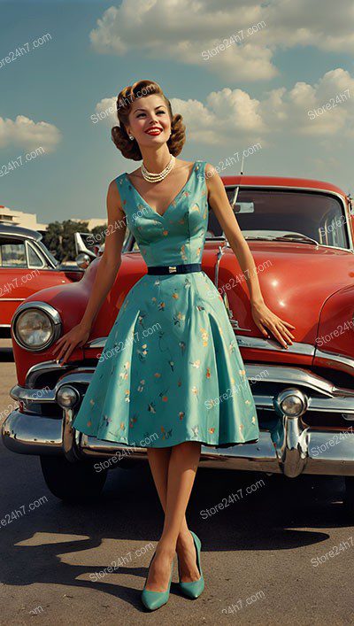 Retro Pin-Up Car Ad Elegance in Teal