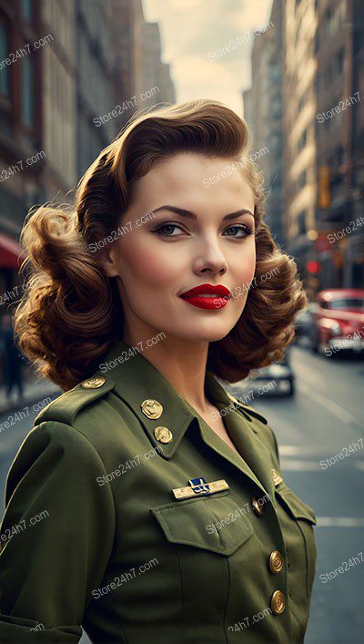 Elegant Urban Retro: Military Pin-Up Portrait